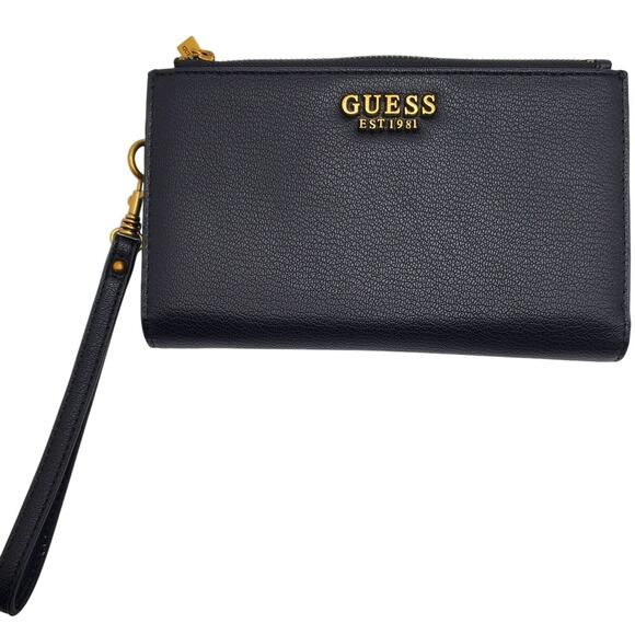 Black Guess Wristlet Double Zip Wallet Credit Card Money Bill Holder Organizer - Picture 1 of 6